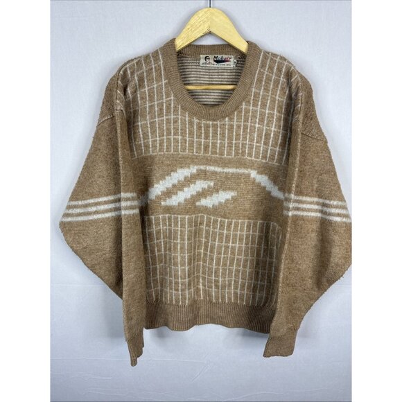 Vintage 80s Mohair Blend Sweater Tan White Grid Pattern Made In Korea Size 36 - Picture 1 of 5